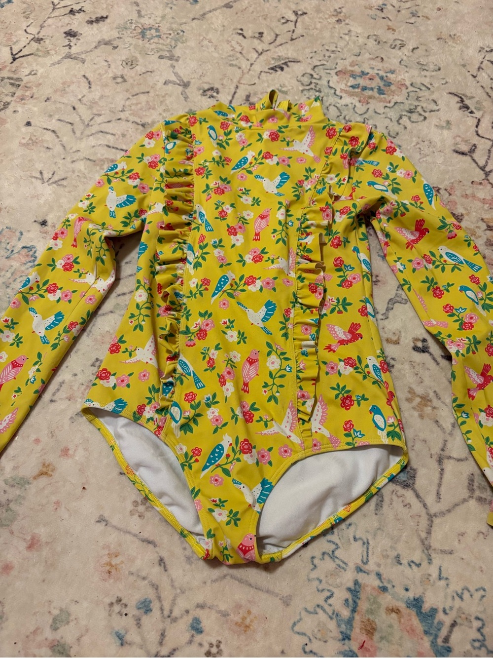 Mini Boden. Girls Yellow Floral & Bird Ruffle One-Piece Swimsuit. Size 12-14.